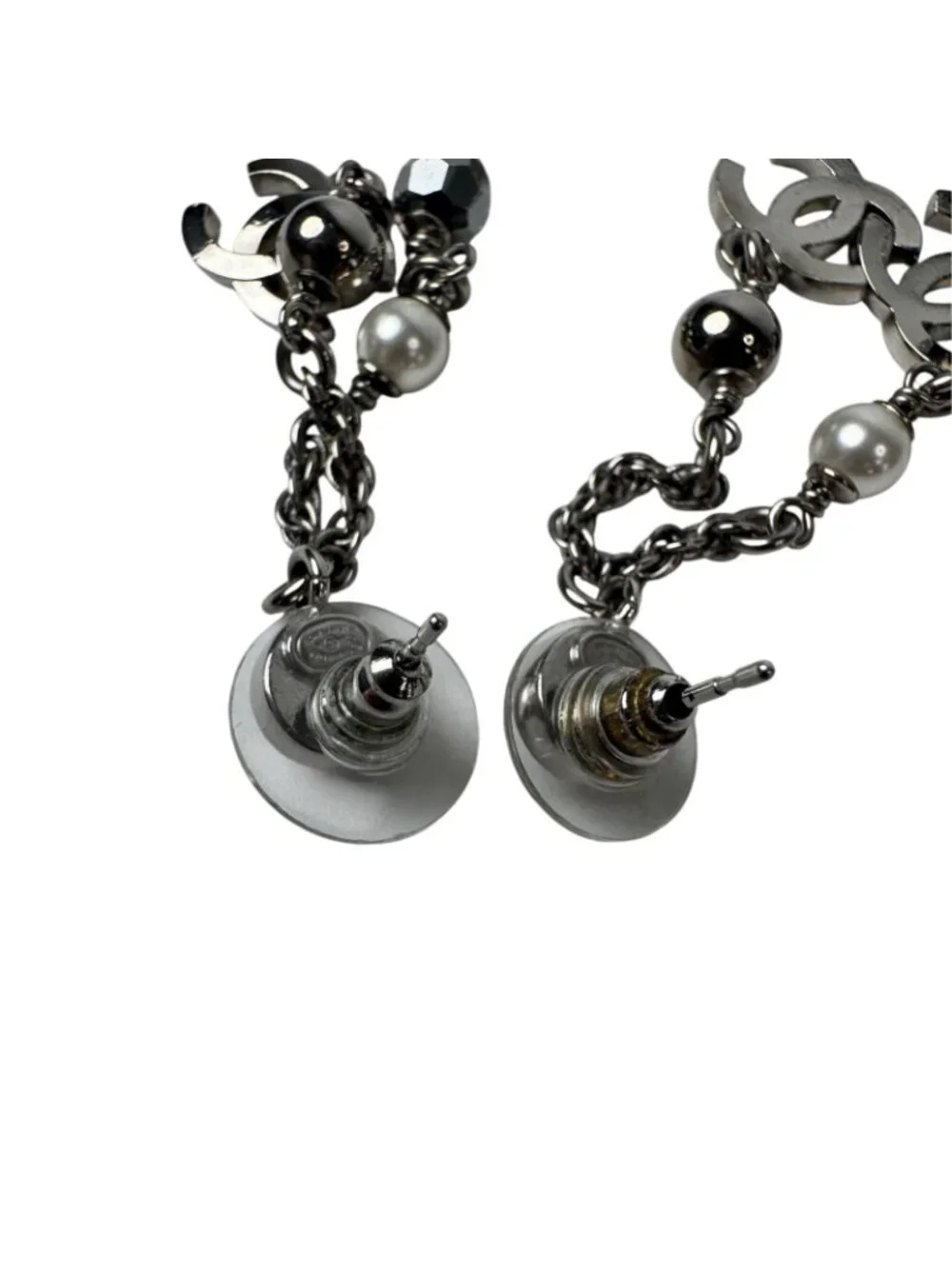 Chanel CC Logo Long Drop Earrings Light Stone Pearl